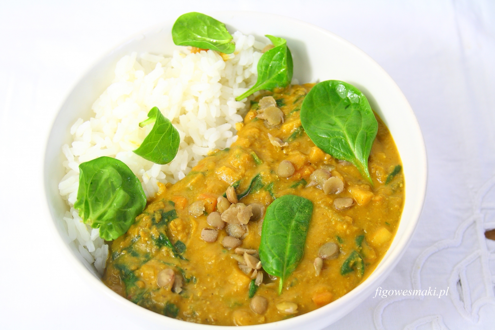 Curry z zielonej soczewicy, marchwi, pasternaku ze szpinakiem